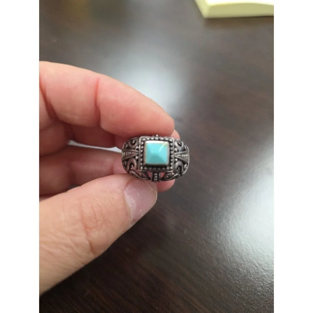 Vintage Native American Sterling Silver Inlaid Turquoise Coral Ring Size‎ 7